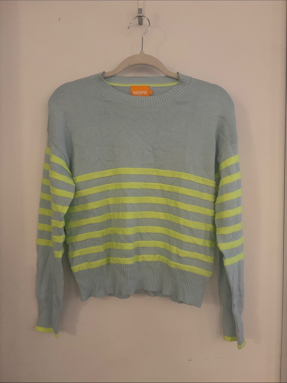 WISPR Le Point Striped Crewneck Sweater S Aqua Mist Neon Yellow Raised Stripes